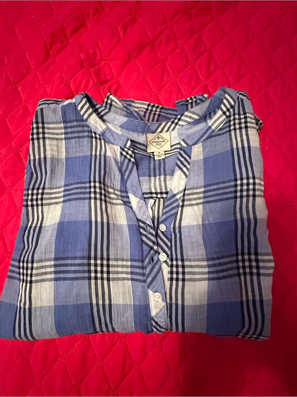 St. John's Bay Blue and White Plaid Pullover Blouse